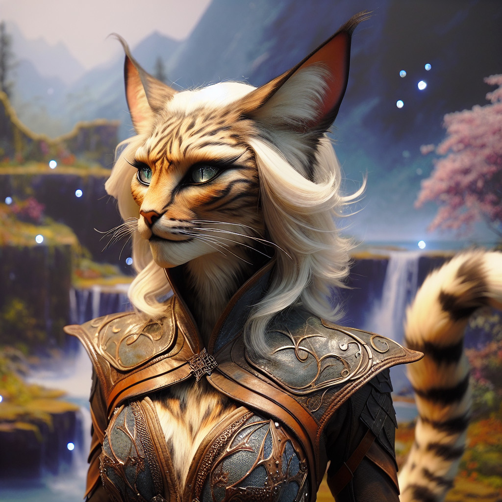 Anthropomorphic feline character in ornate armor
