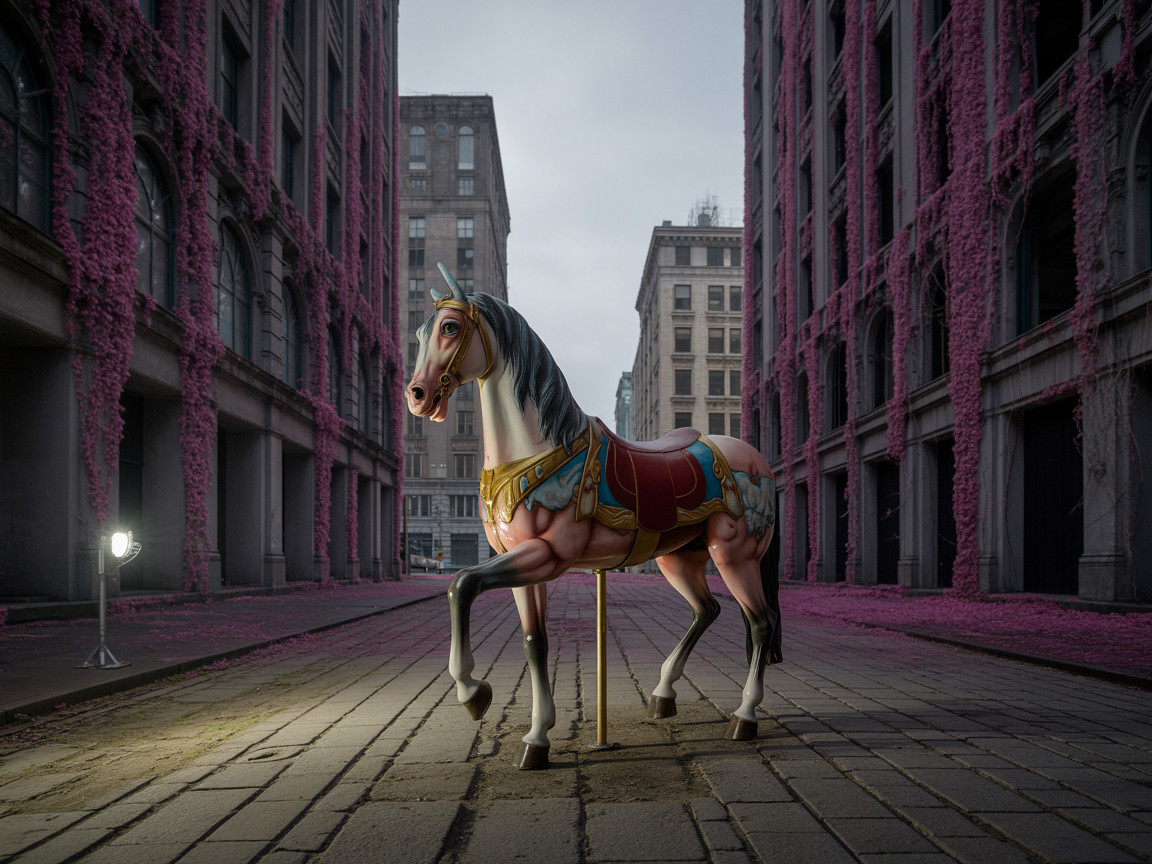 Brightly Painted Carousel Horse on Cobblestone Street