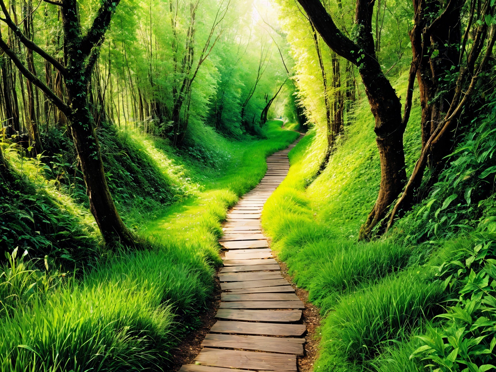 Wooden Plank Pathway Through Lush Green Forest