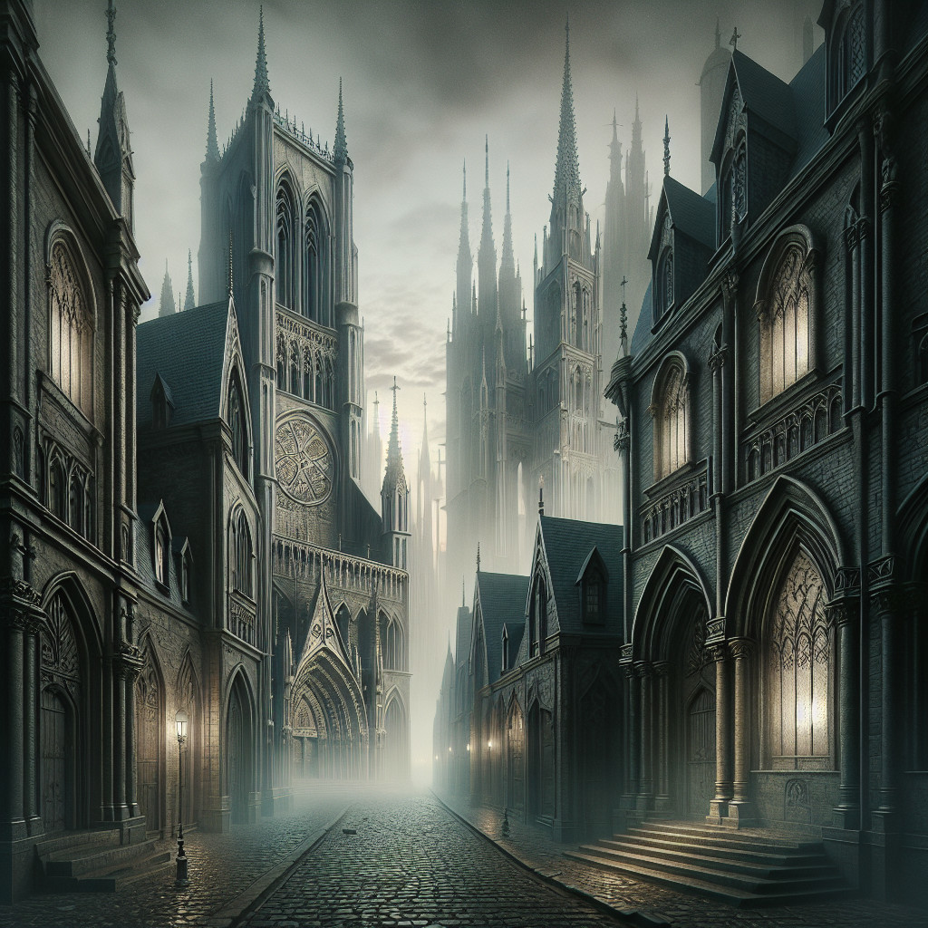 Foggy Gothic Street with Spires and Cobblestone Path