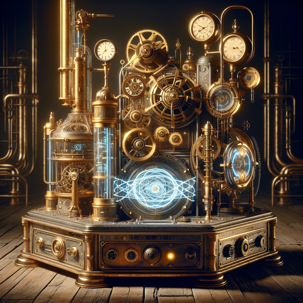 Steampunk Machine with Brass Gears and Glowing Tubes