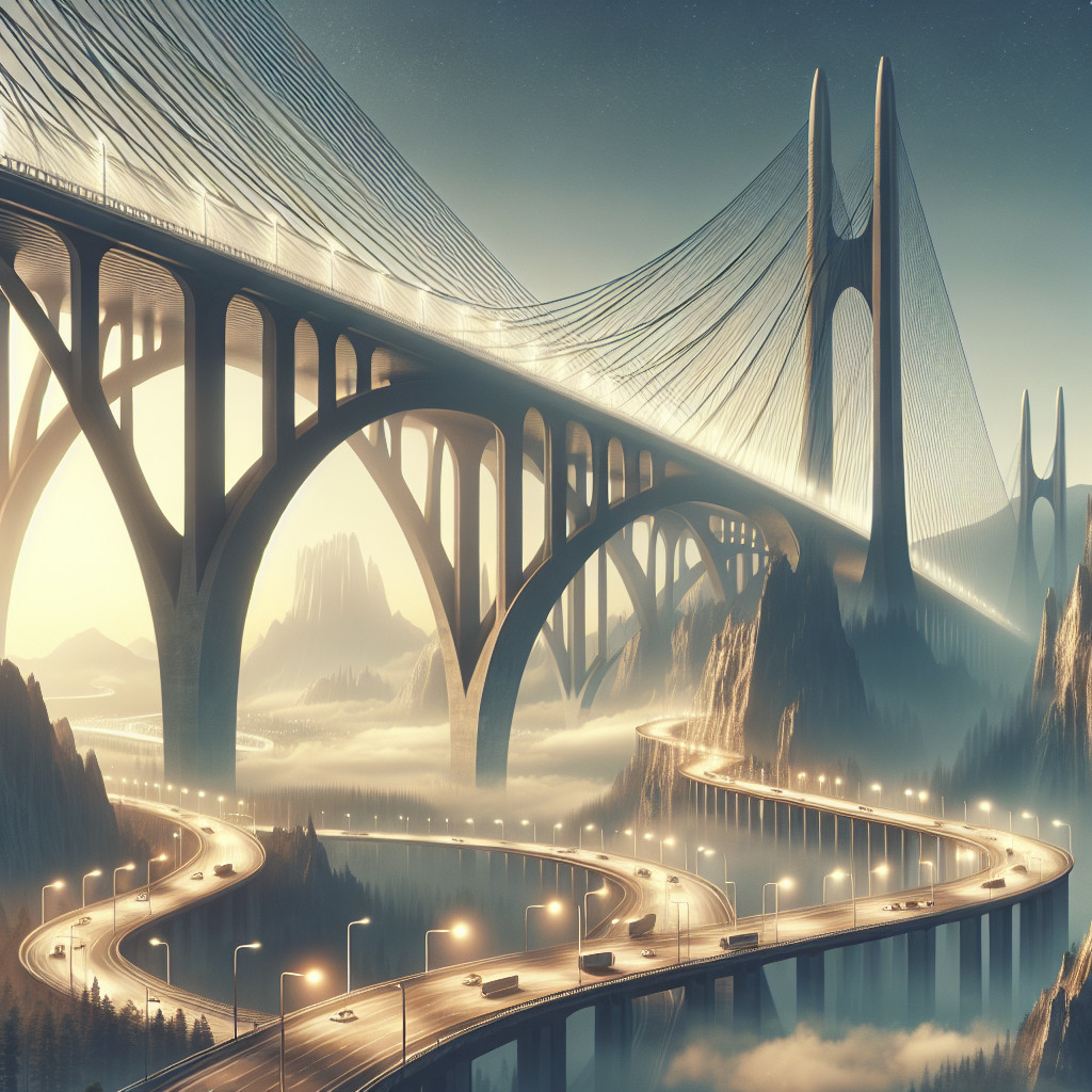Futuristic Bridge Over Misty Valley with Mountains