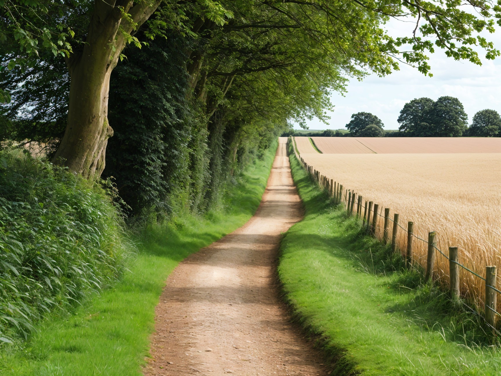 Serene Dirt Path Through Lush Greenery and Fields