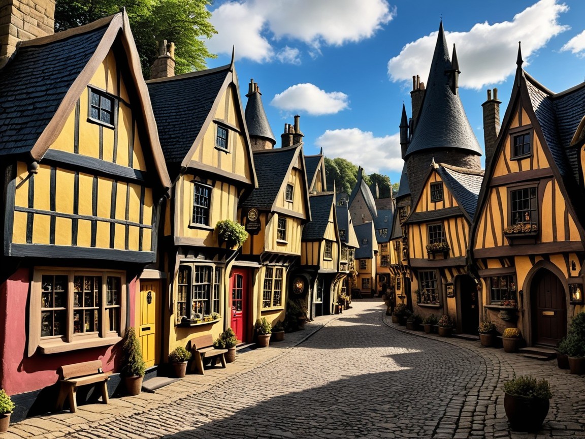 Charming Cobblestone Street with Colorful Cottages