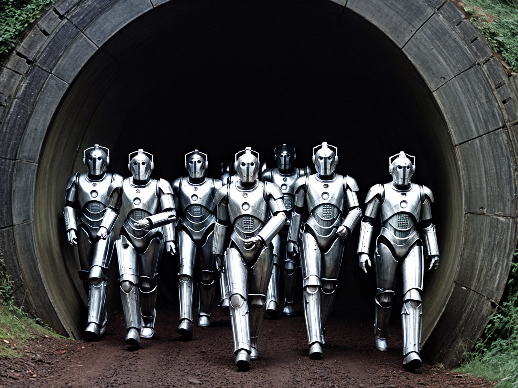Silver Robots in a Dimly Lit Tunnel Setting