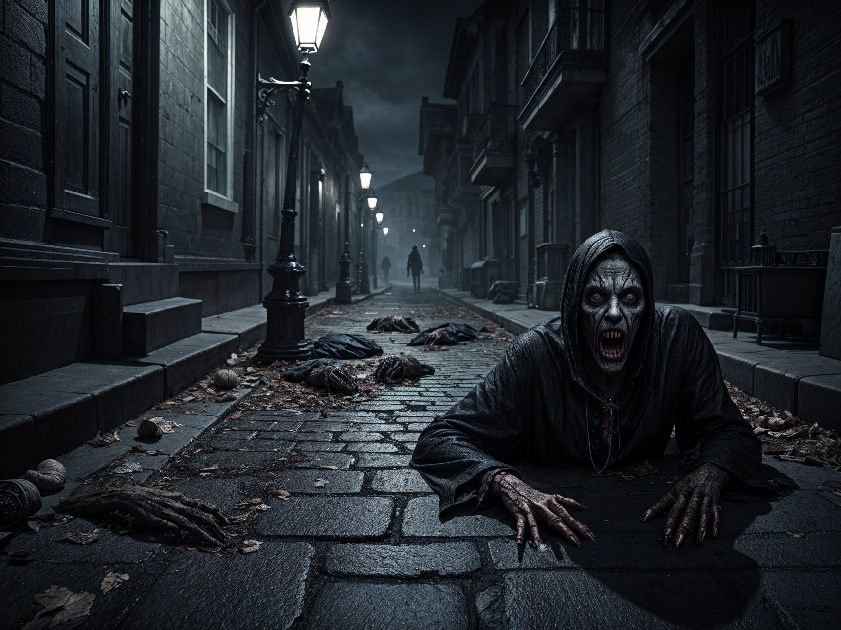 Eerie Scene of Shadows and Menacing Creatures