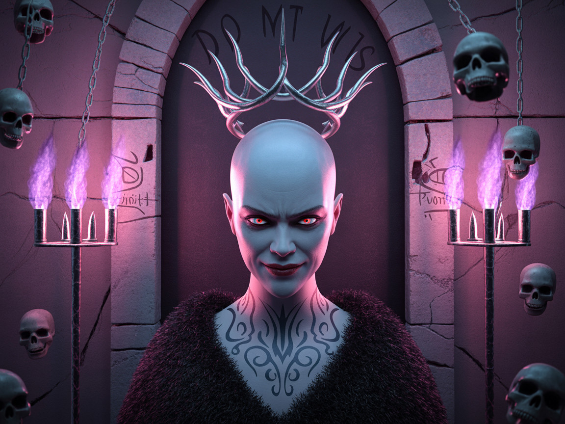 Eerie Chamber with Pale Figure and Flickering Flames