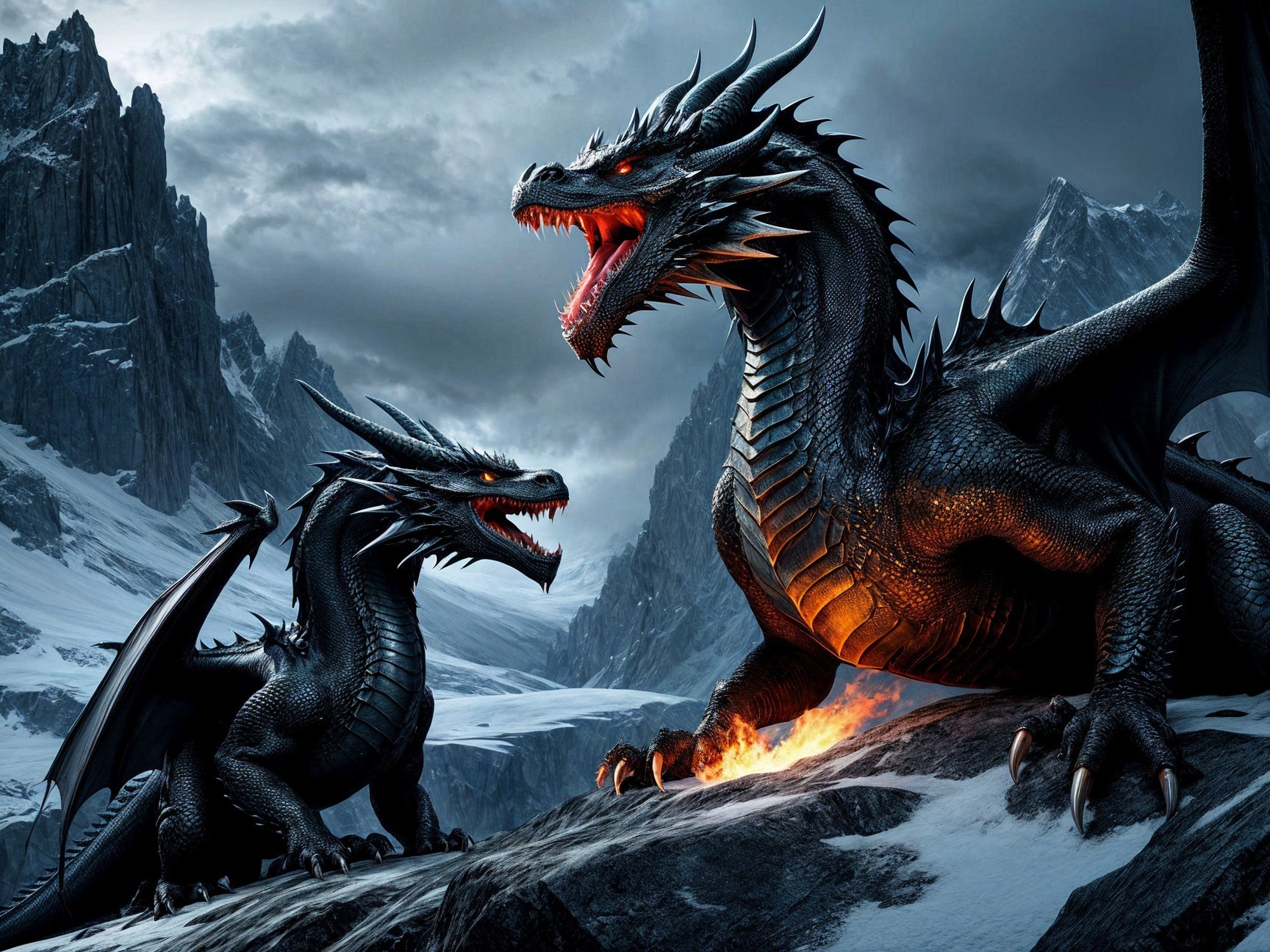 Majestic Black Dragons in Snowy Mountain Landscape
