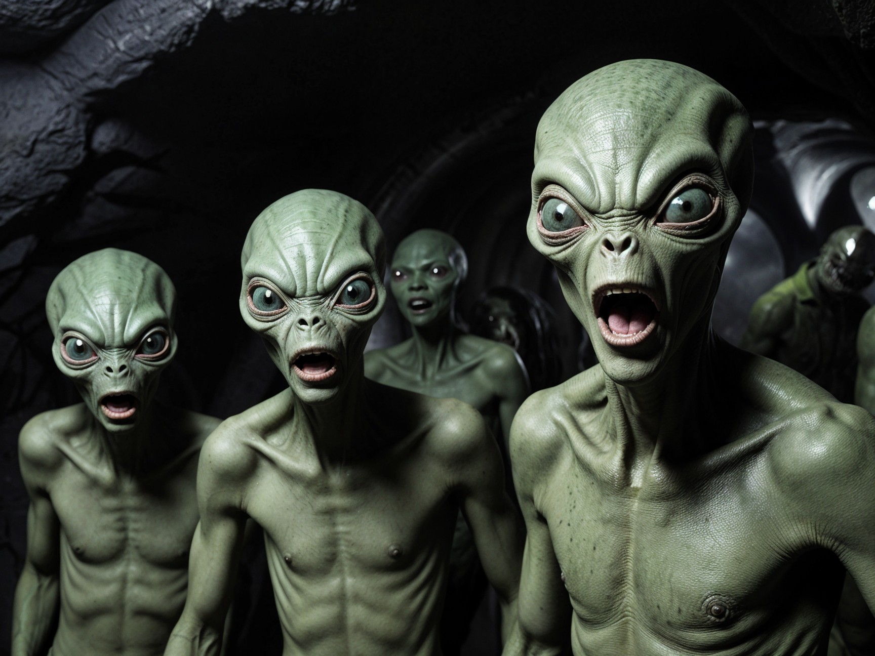 Green-Skinned Aliens in Dimly Lit Cavernous Space