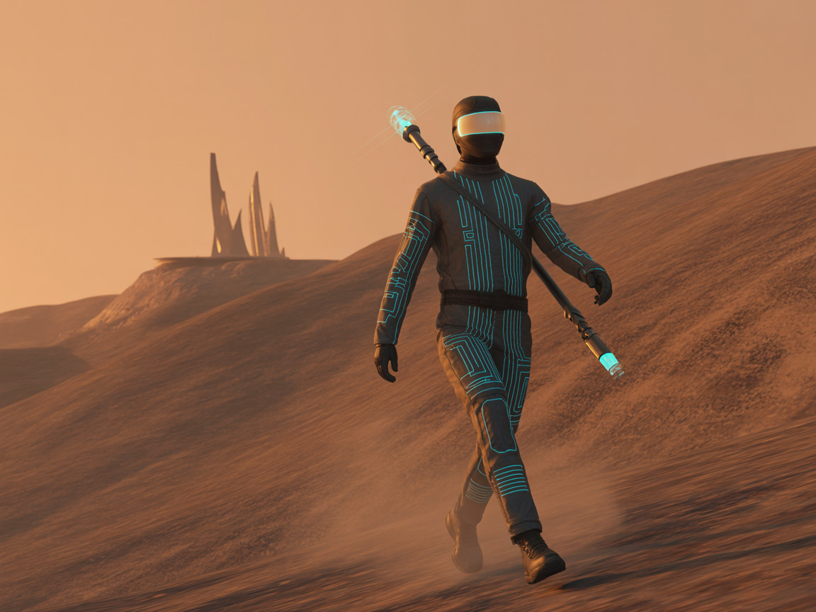 Futuristic figure in illuminated suit on sandy landscape