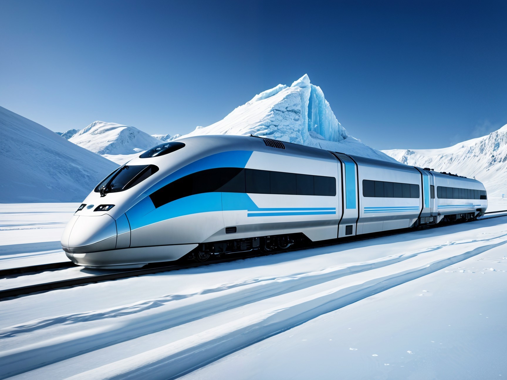 Futuristic train on snowy tracks with mountains backdrop