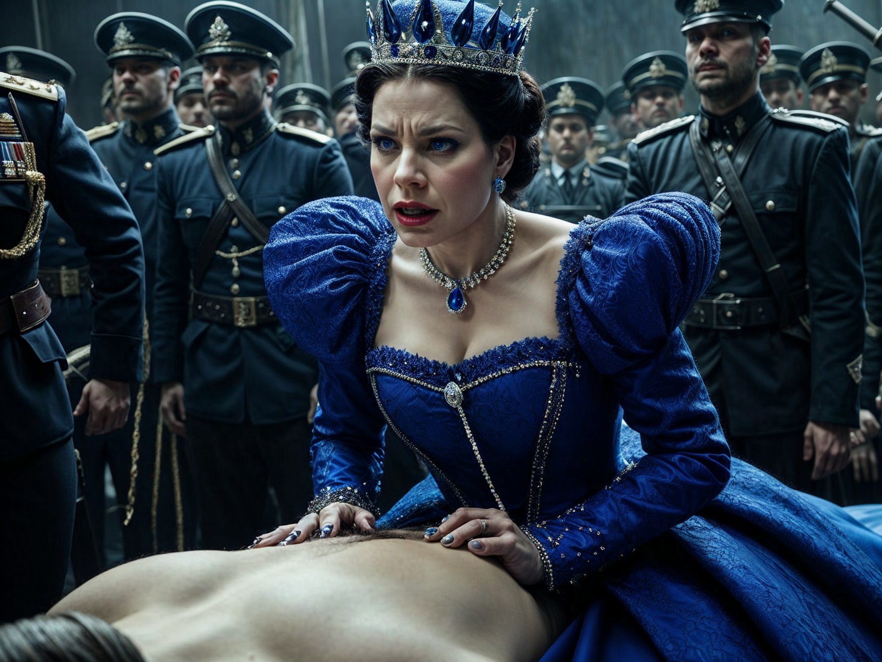 Queen in Blue Gown Mourning Lifeless Figure with Soldiers
