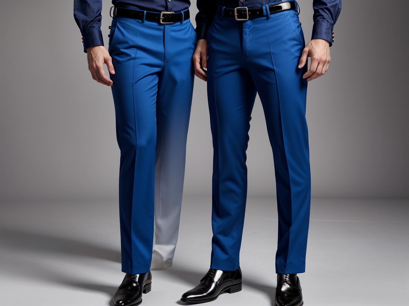 Stylish Male Models in Blue Trousers and Fitted Shirts