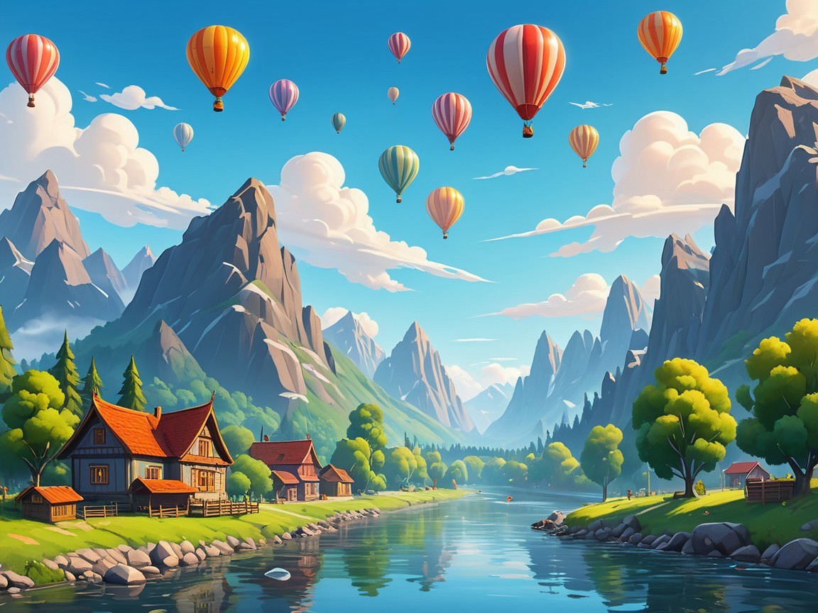 Colorful Hot Air Balloons Over Majestic Mountains