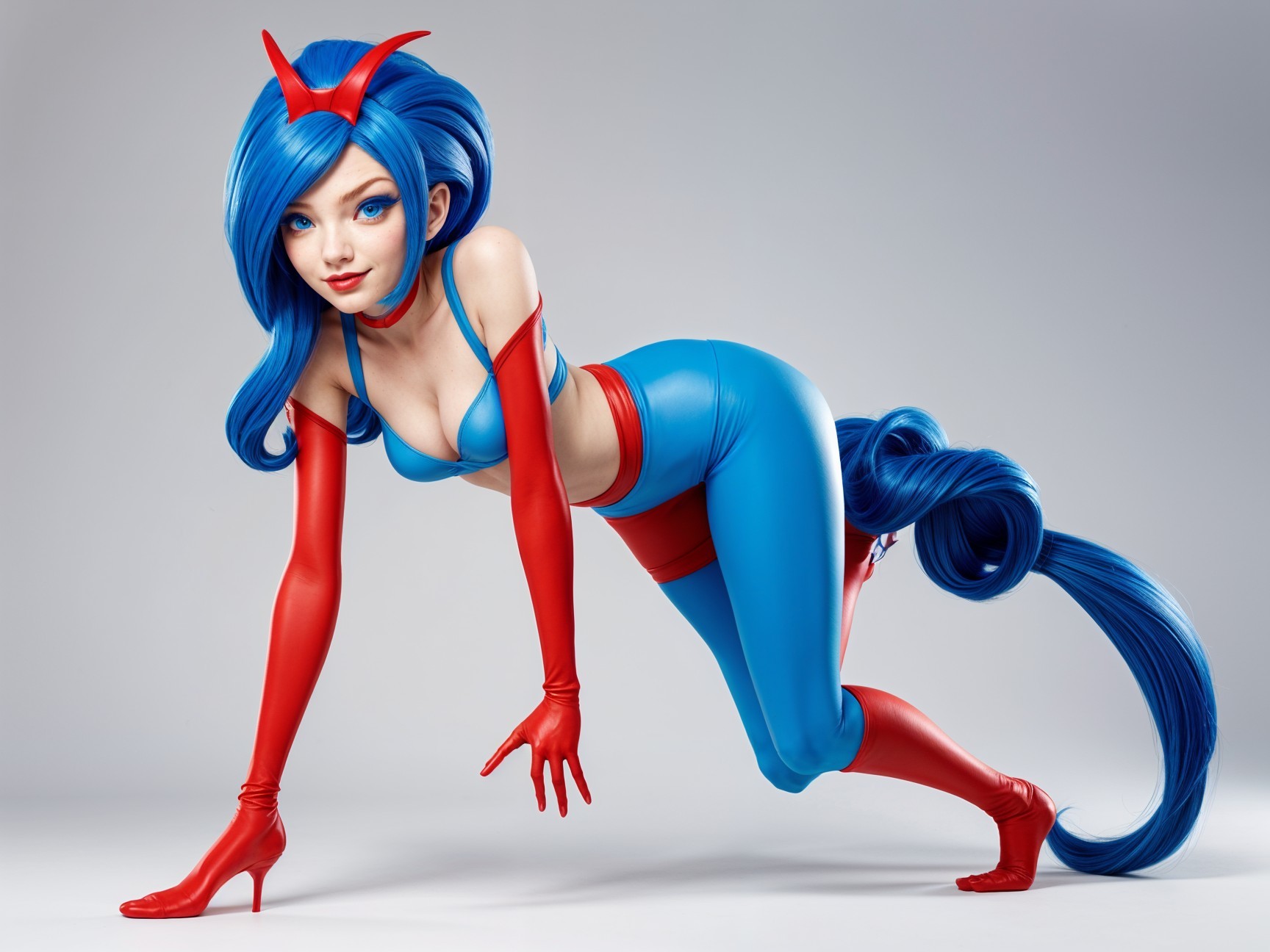 Stylish Character in Vibrant Blue and Red Costume