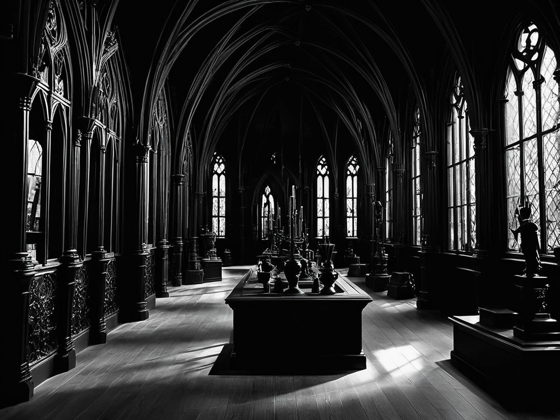 Gothic Interior with Archways and Candle Decor