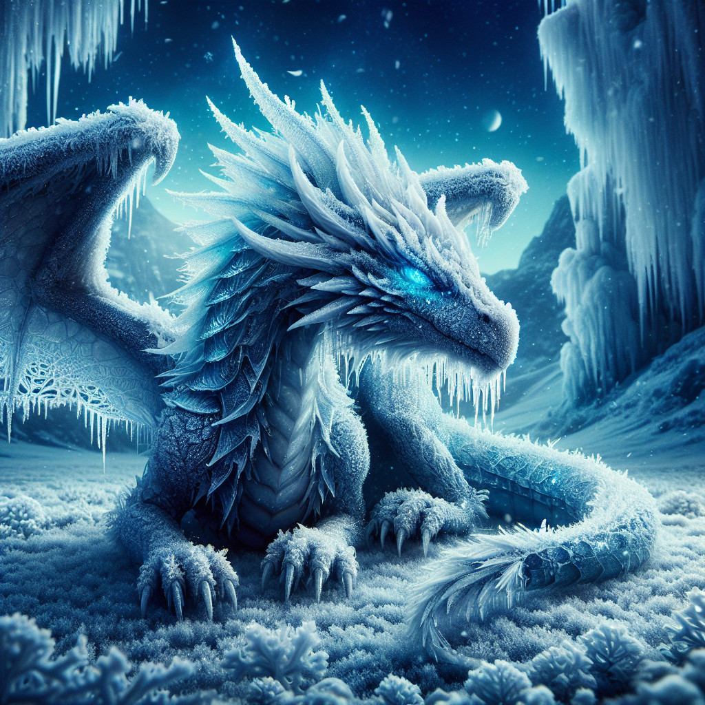 Majestic ice dragon in a serene frozen landscape