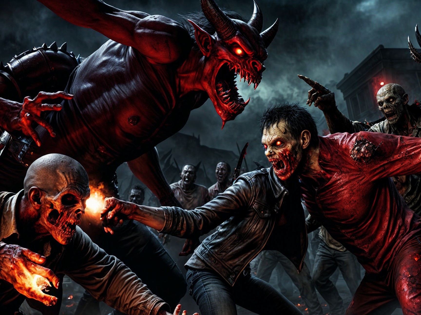 Apocalyptic Battle with Zombies and a Demon Figure