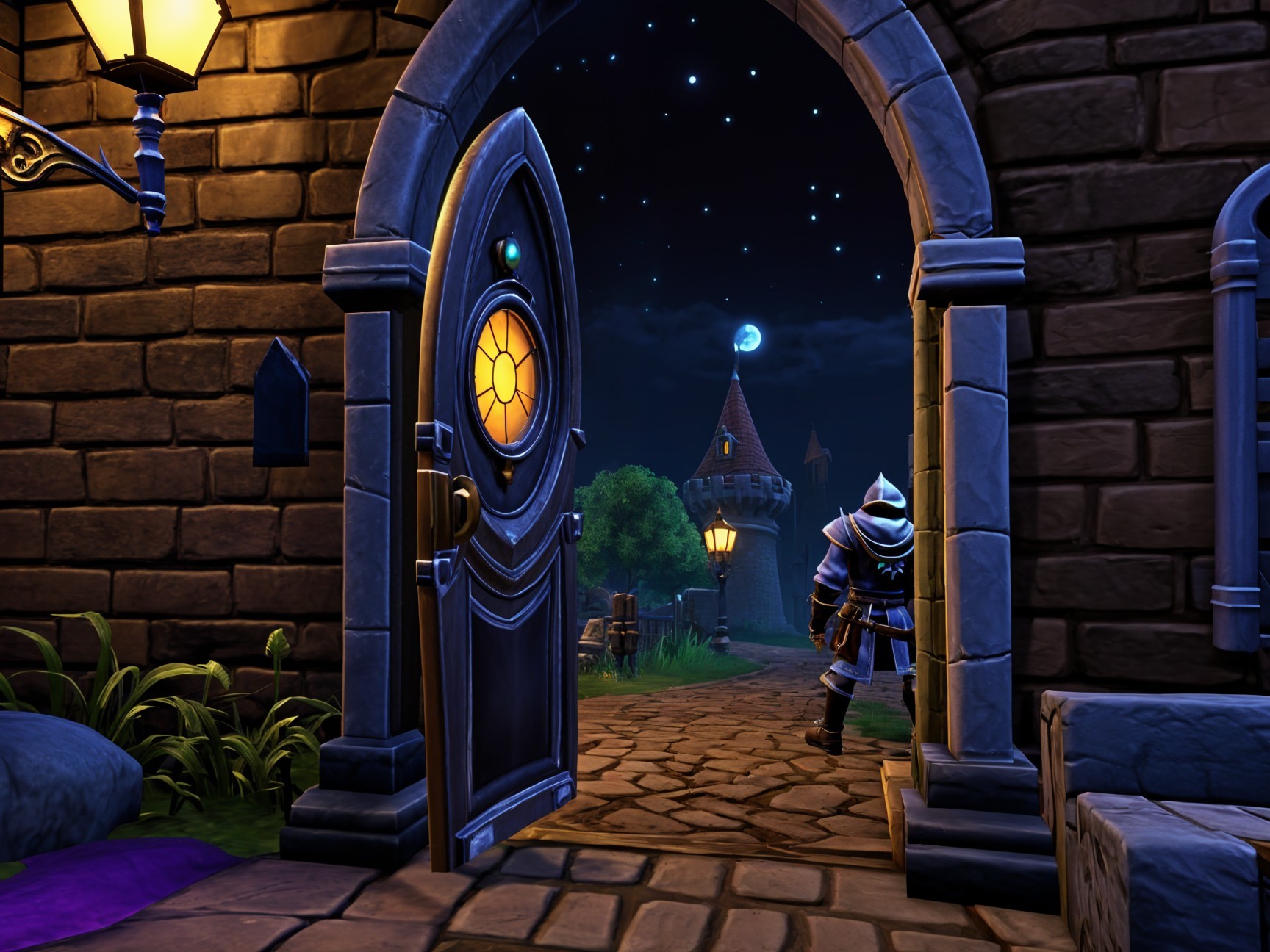 Stone Archway Leads to Moonlit Pathway and Tower