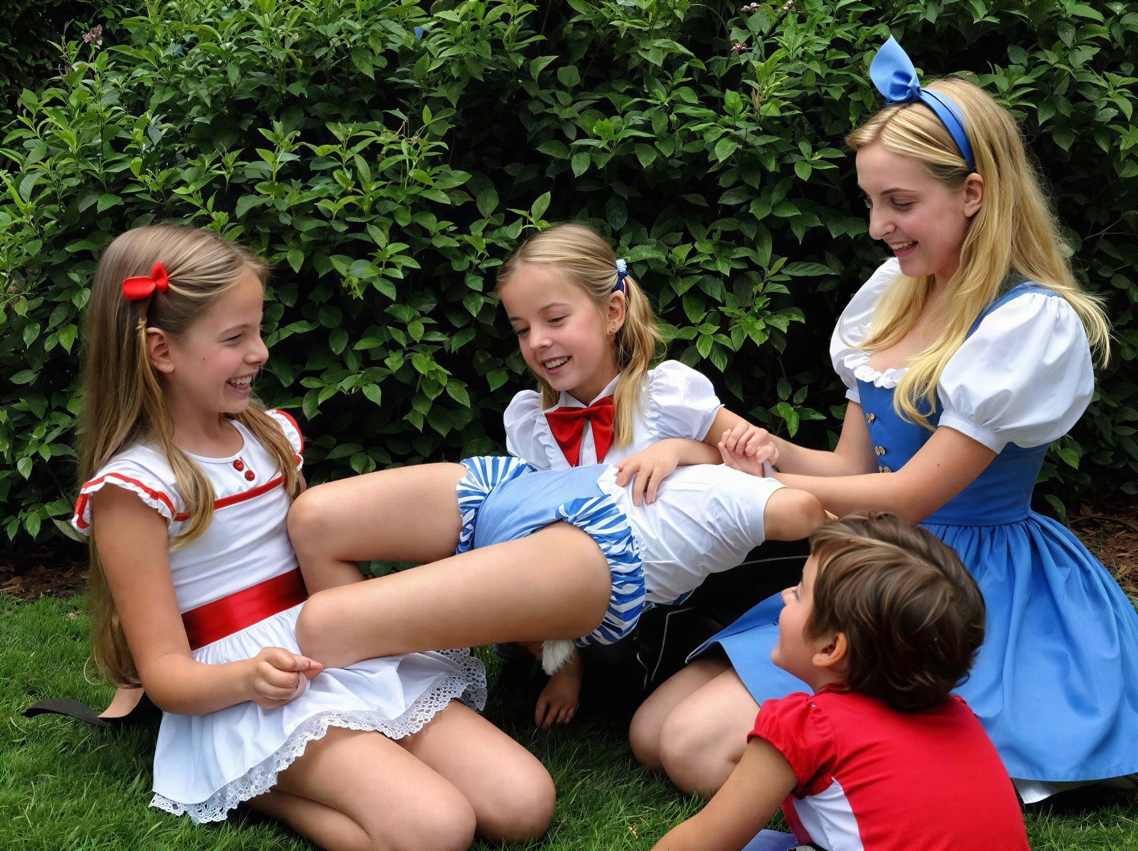 Children in Costumes on Grass by Green Bush