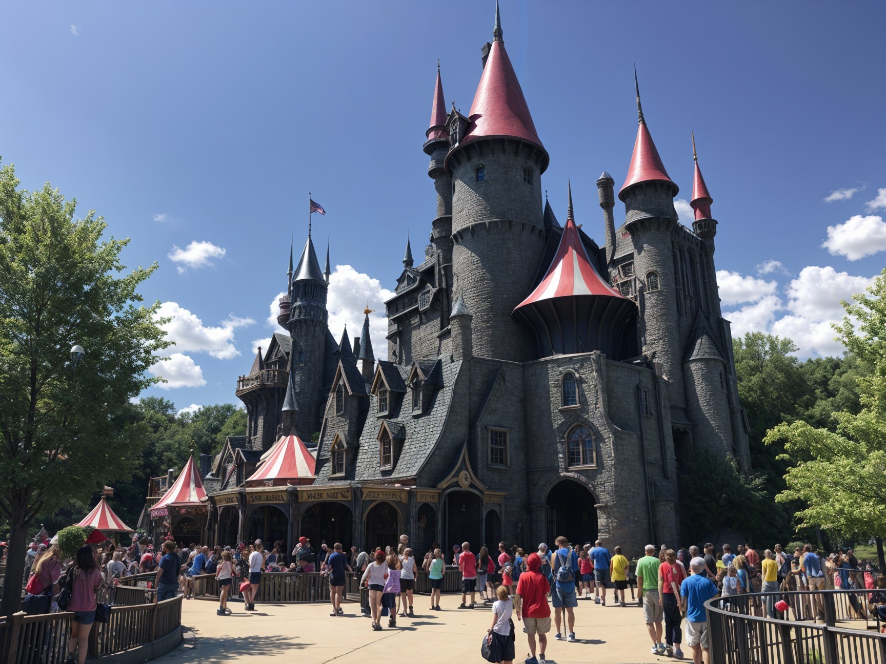 Majestic castle with red roofs and stone walls
