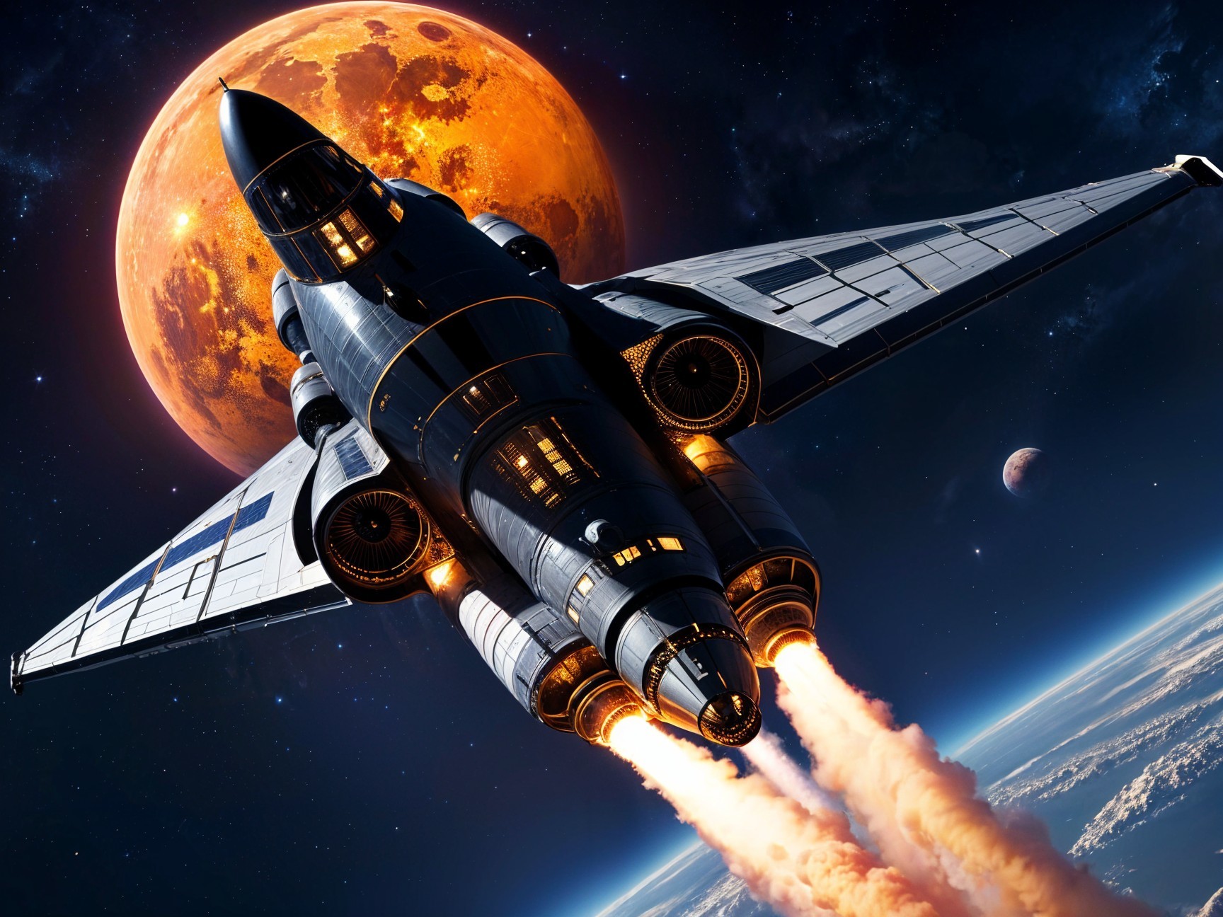 Futuristic Spaceship in Starry Sky with Orange Moon
