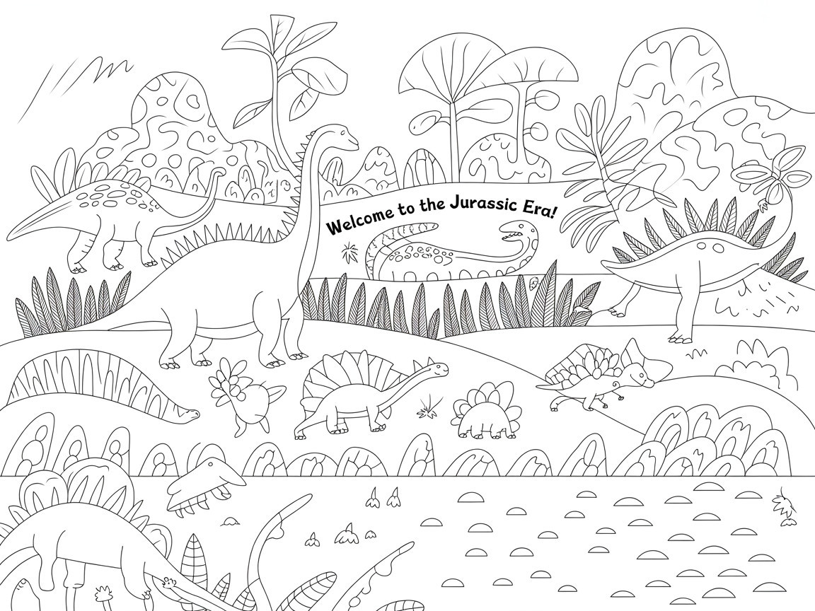 Whimsical Black-and-White Jurassic Era Illustration
