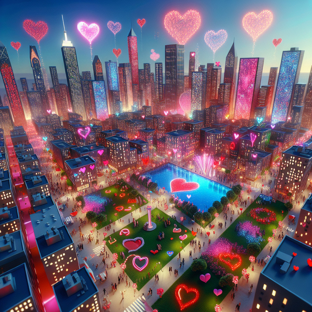 Vibrant cityscape at dusk with colorful lights and hearts