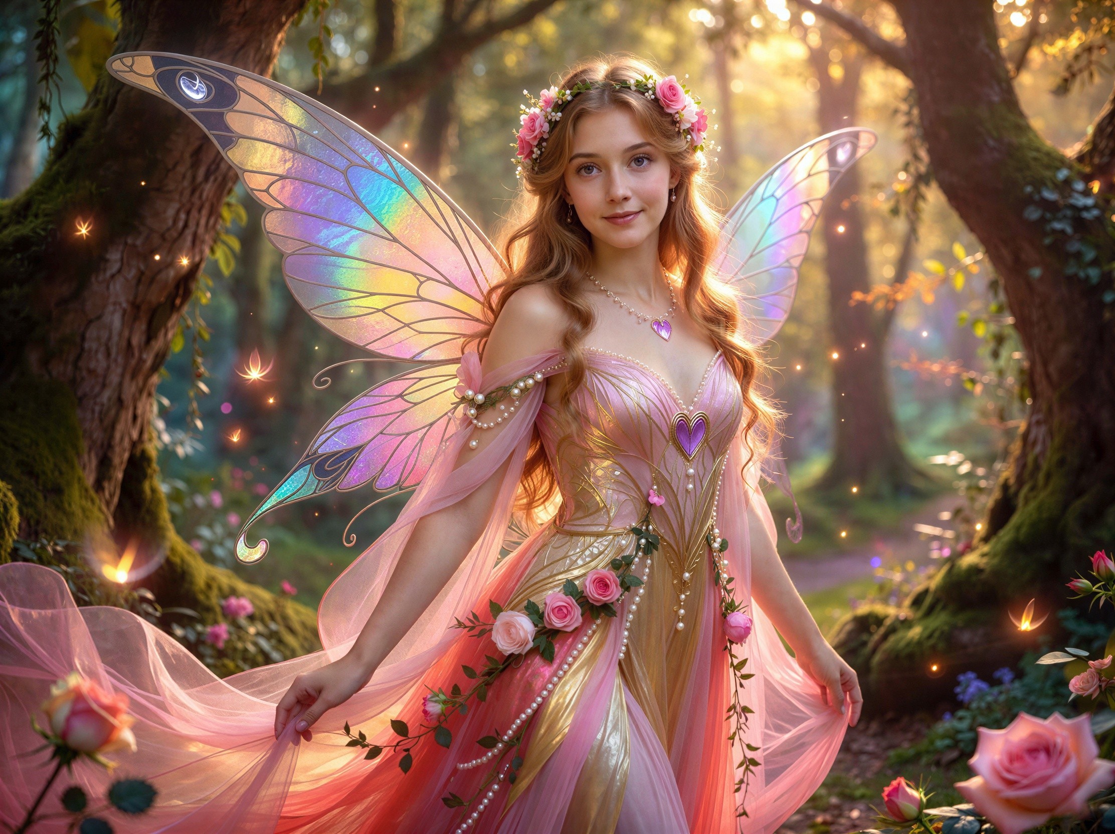 Enchanting Young Woman in Fairy Dress in Forest