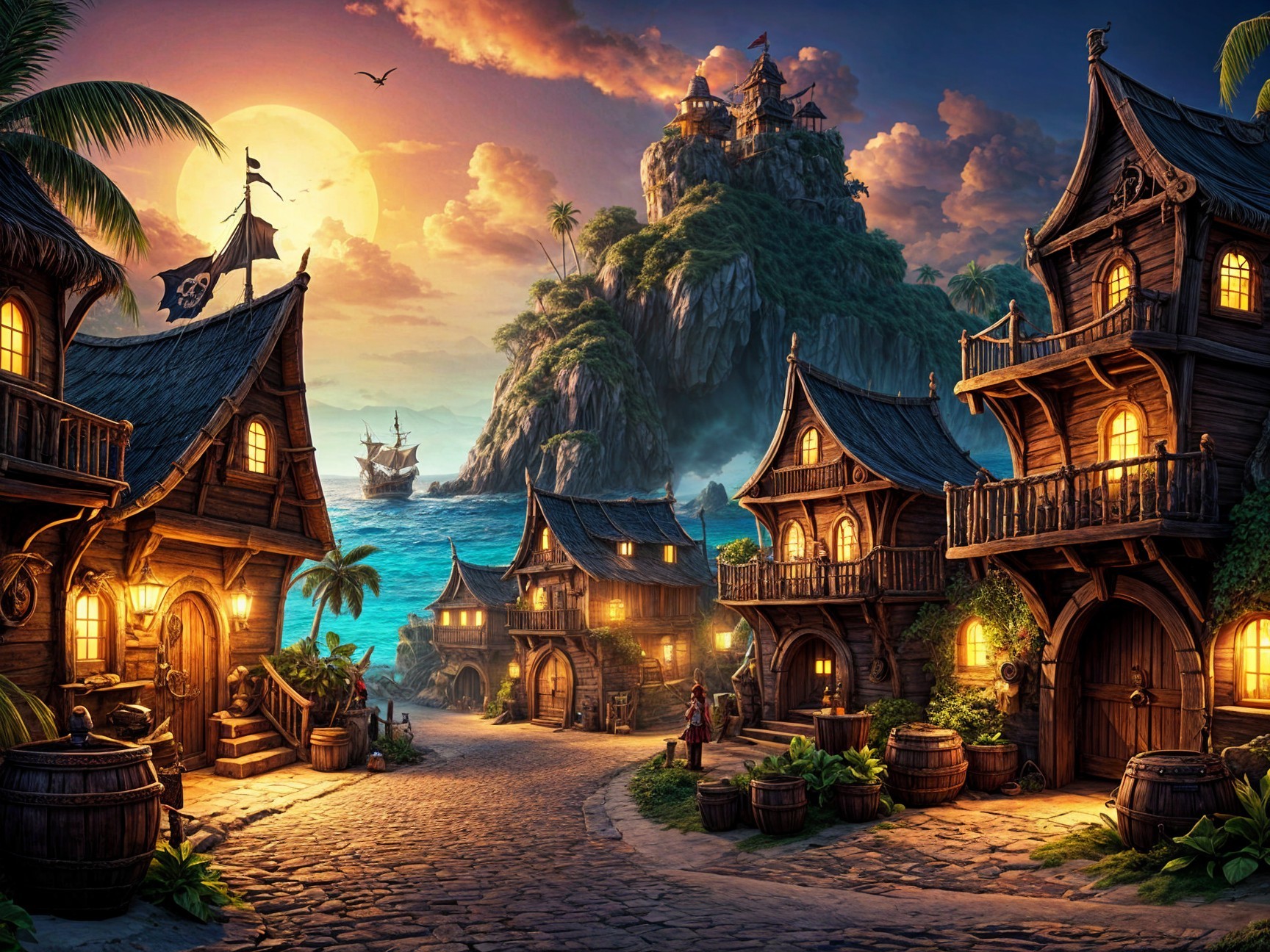Coastal Village at Sunset with Wooden Houses and Castle