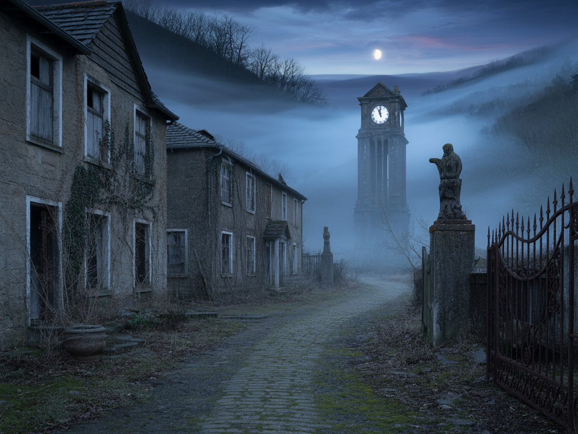 Misty Deserted Street with Dilapidated Houses and Clock Tower