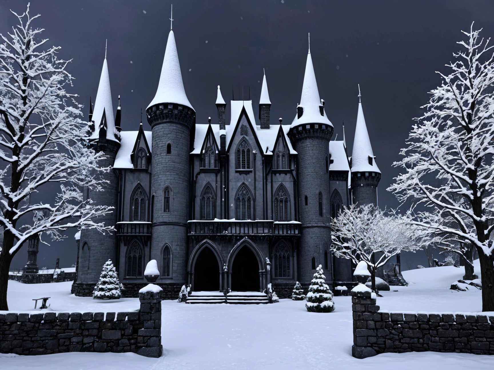 Majestic Castle in Snowy Winter Landscape