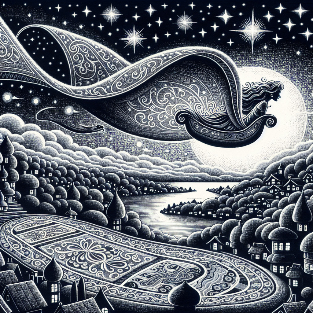 Whimsical Monochromatic Night Scene with Villages and Lake
