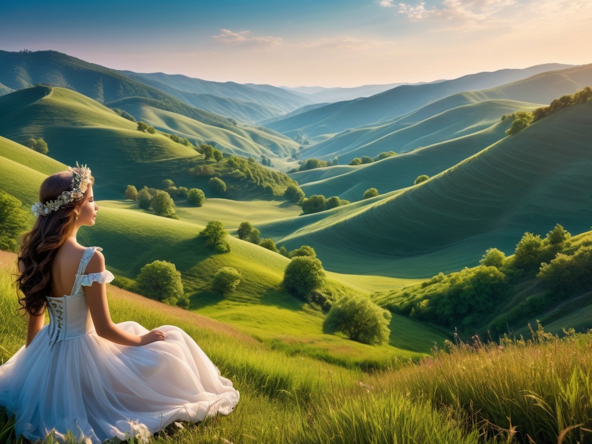 Young Woman in White Gown on Grassy Hillside
