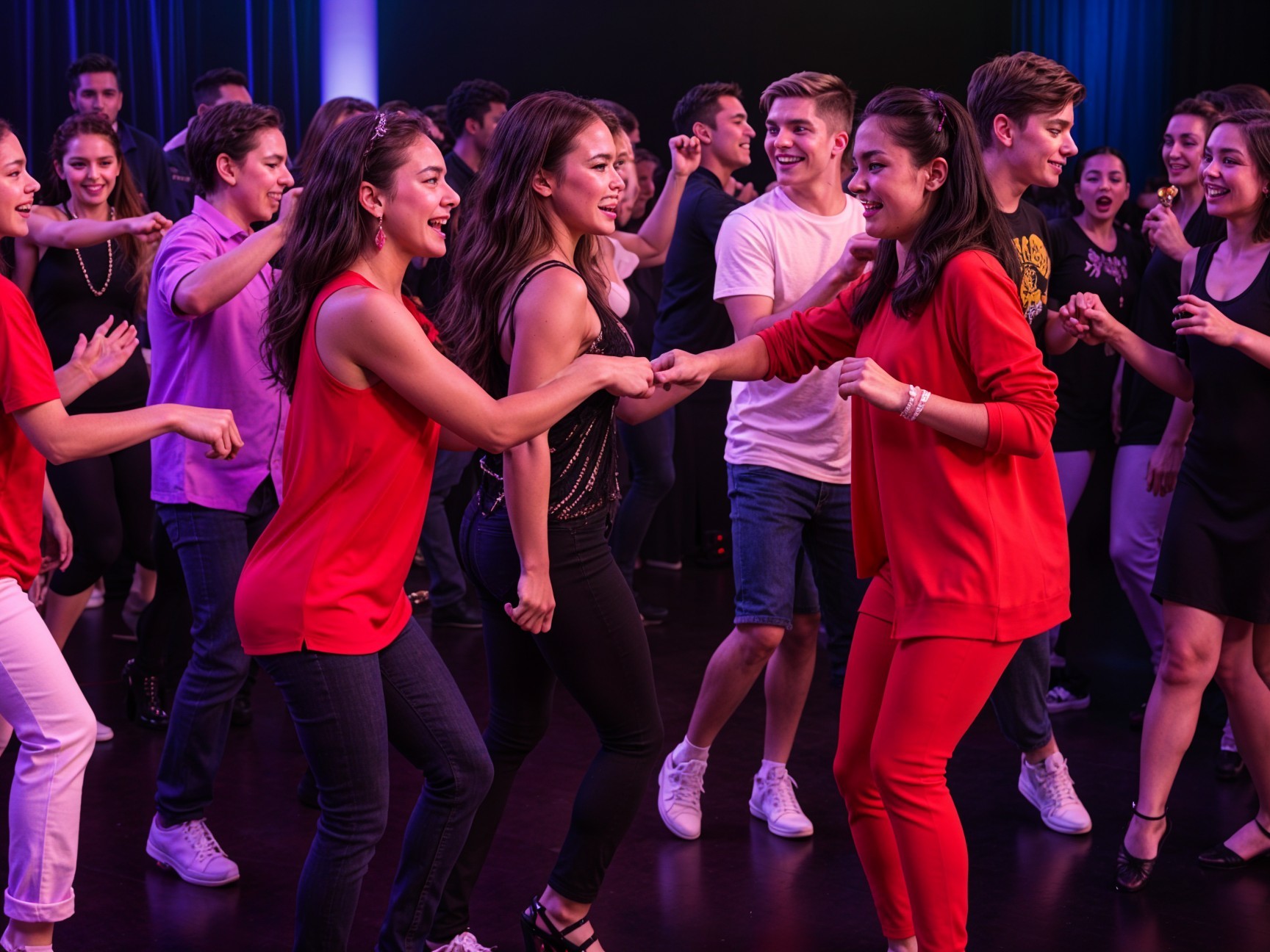 Young Adults Dancing in a Colorful, Energetic Setting