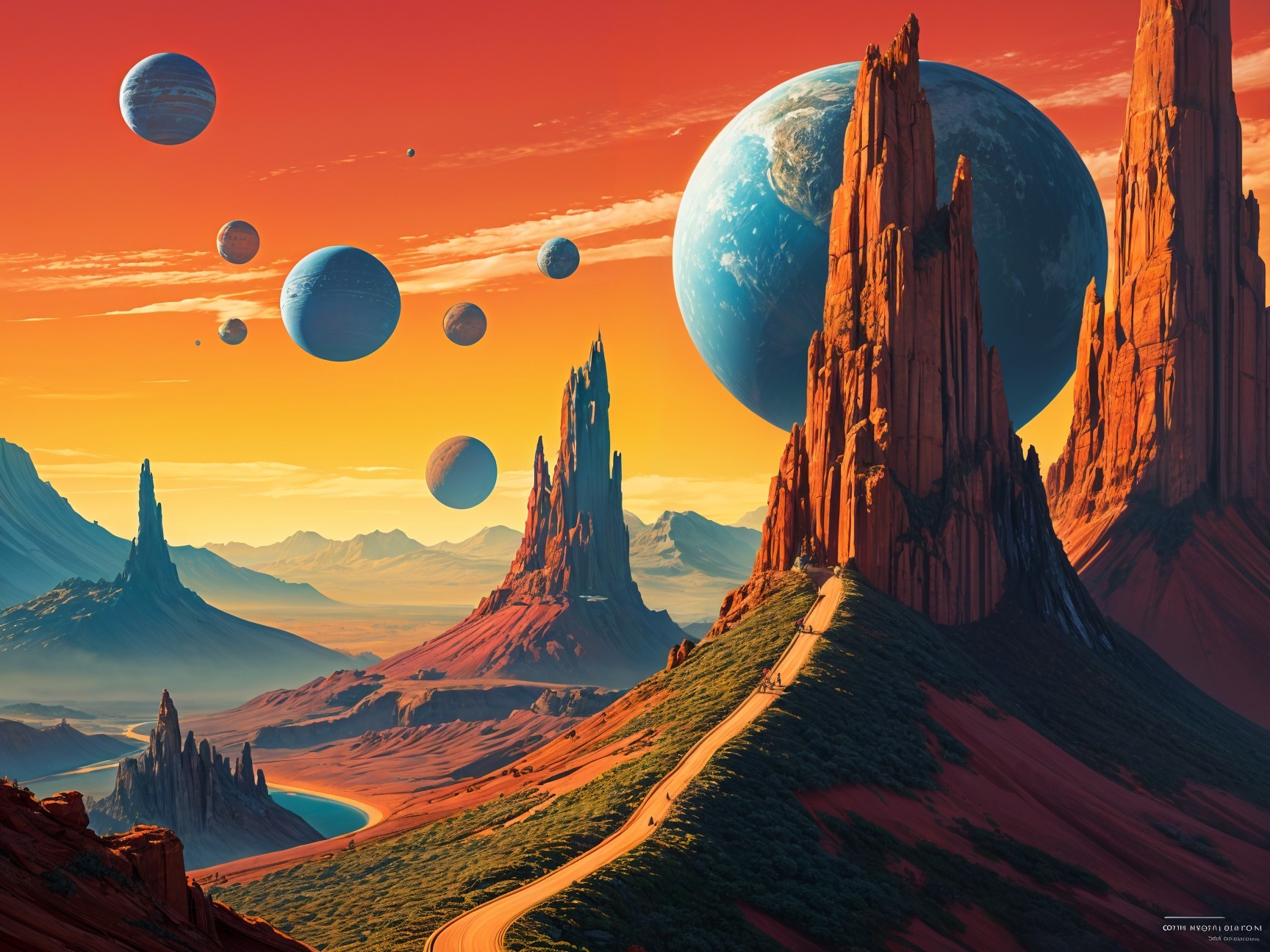 Alien Landscape with Towering Rocks and Sunset Colors
