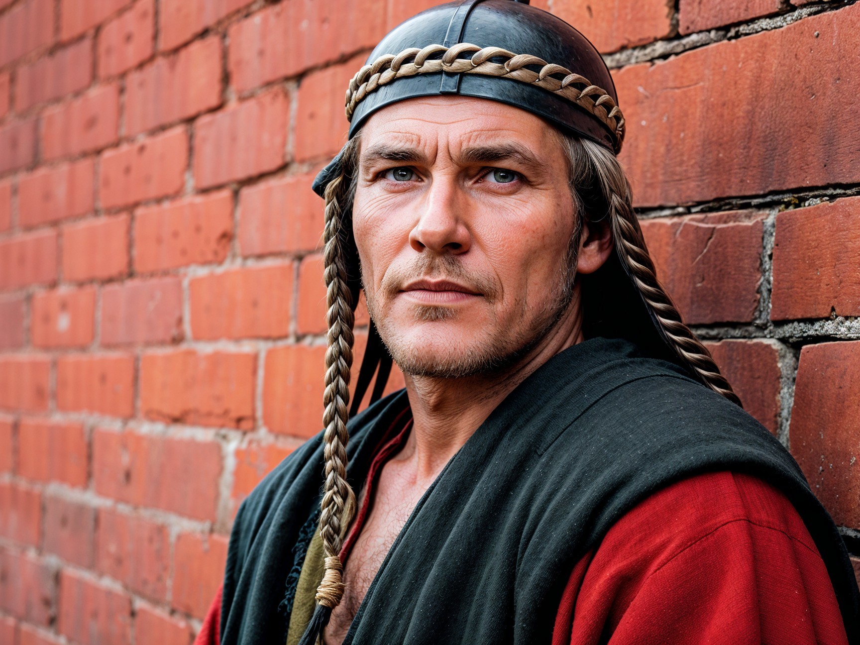 Stoic Man in Historical Attire with Braided Headpiece