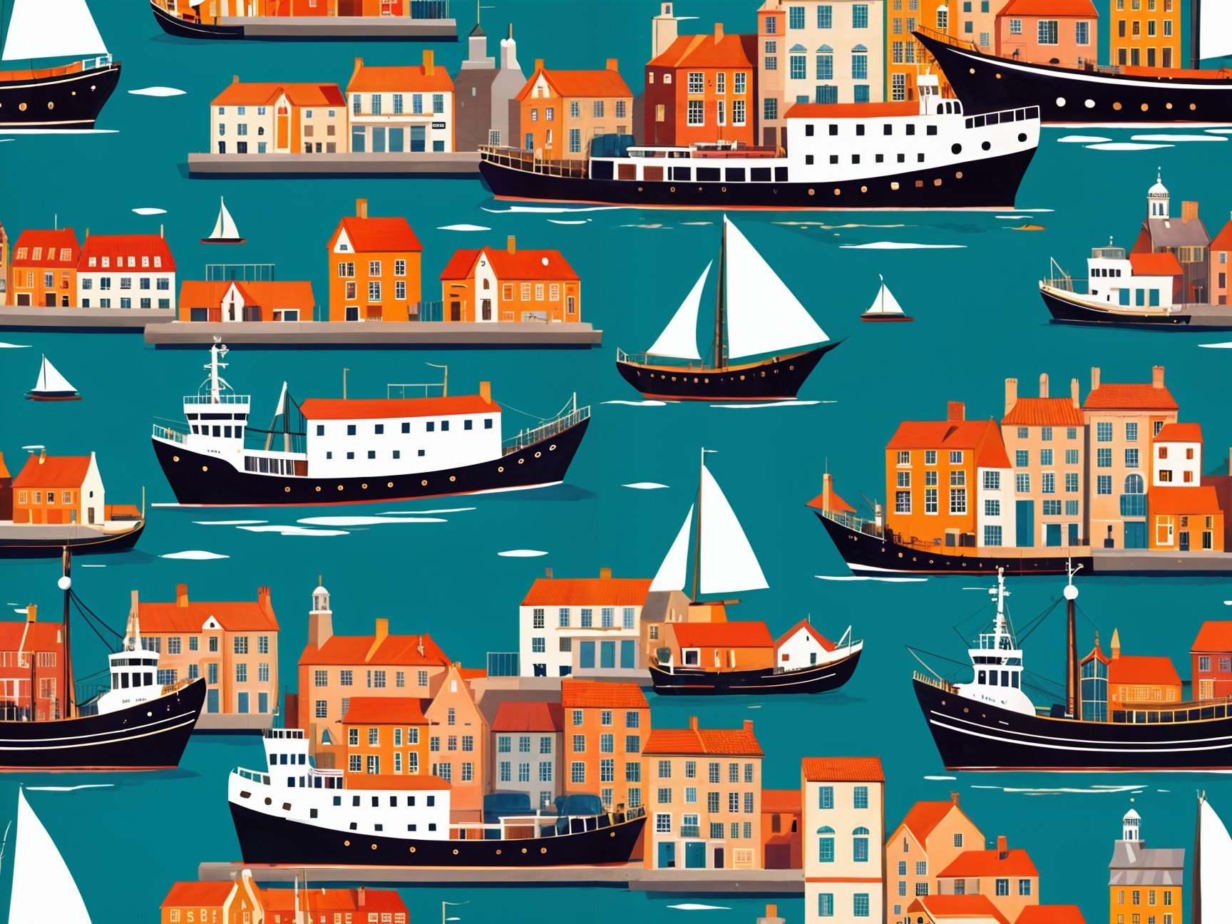 Vibrant Nautical Scene with Boats and Coastal Buildings