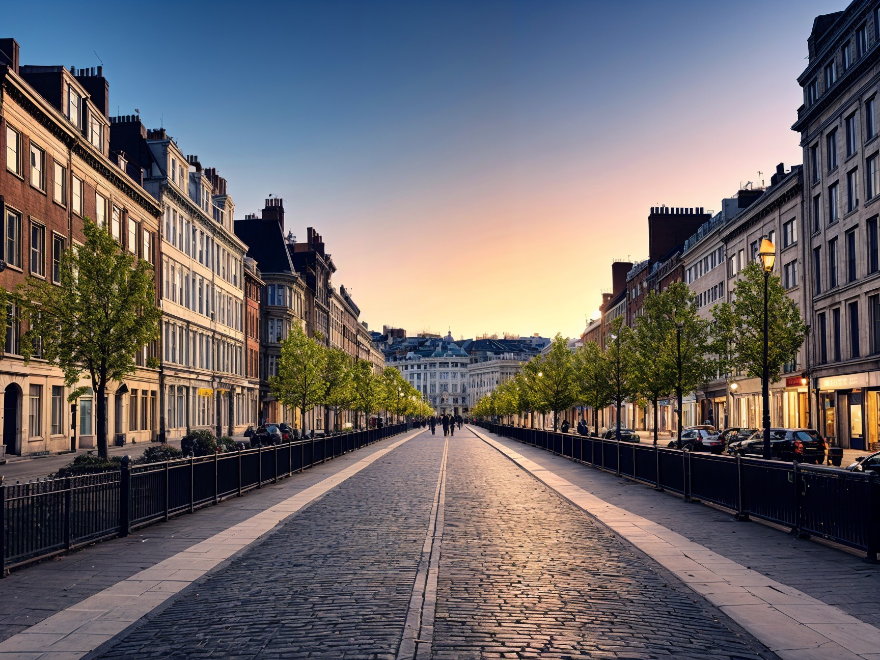Scenic Street with Trees and Sunset Over Elegant Buildings