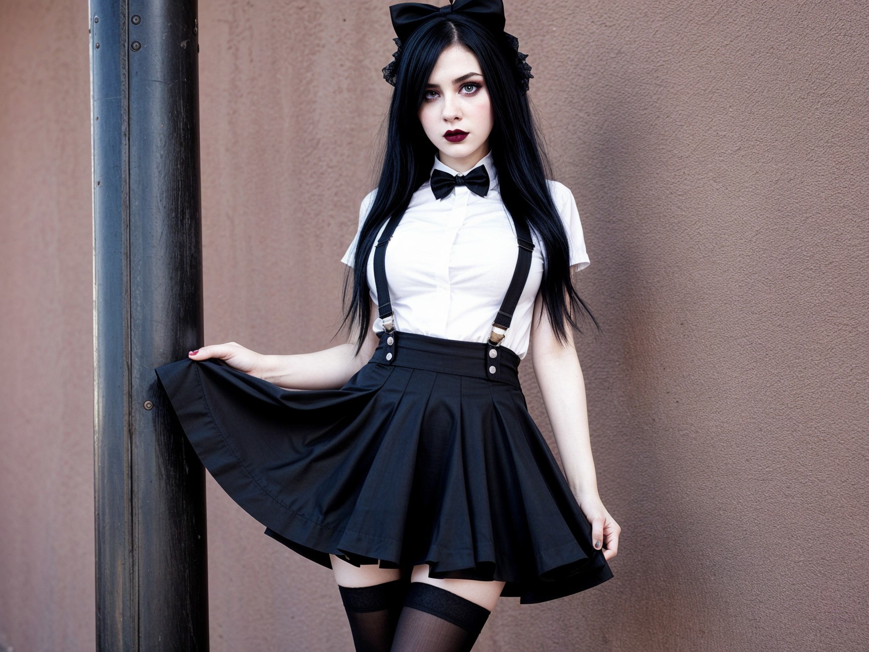 Young woman in stylish outfit poses by textured wall