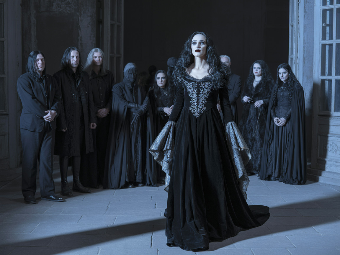 Gothic Scene with Woman in Black Gown and Cloaked Figures