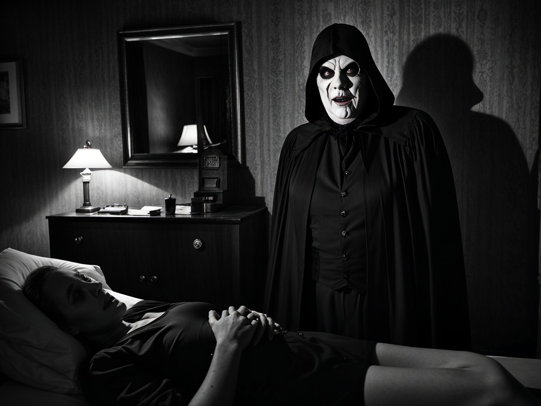 Eerie Black and White Hotel Room Scene with Figures