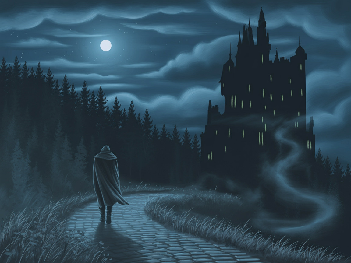 Lone Cloaked Figure on Cobblestone Path Near Castle