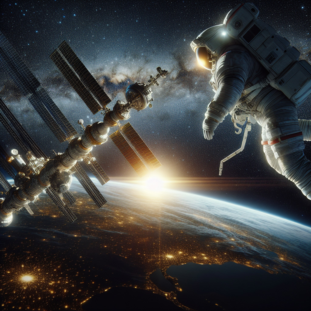Astronaut Observes Futuristic Space Station and Earth