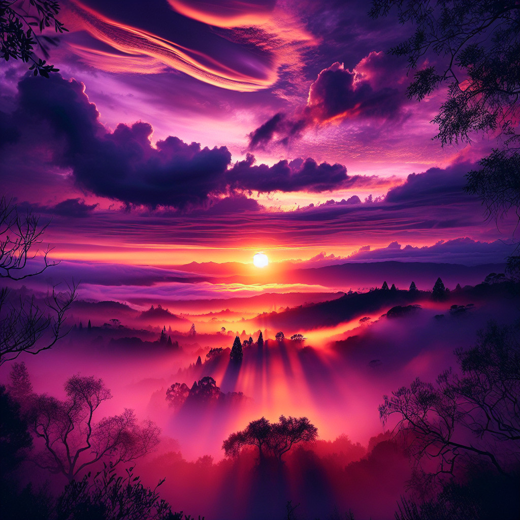 Vibrant Sunset with Silhouetted Trees and Hills