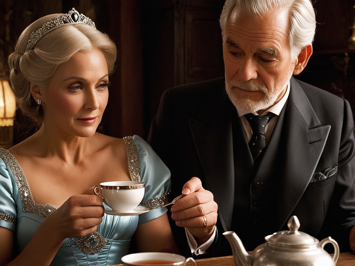Elegant Tea Time Scene with Woman in Blue Gown