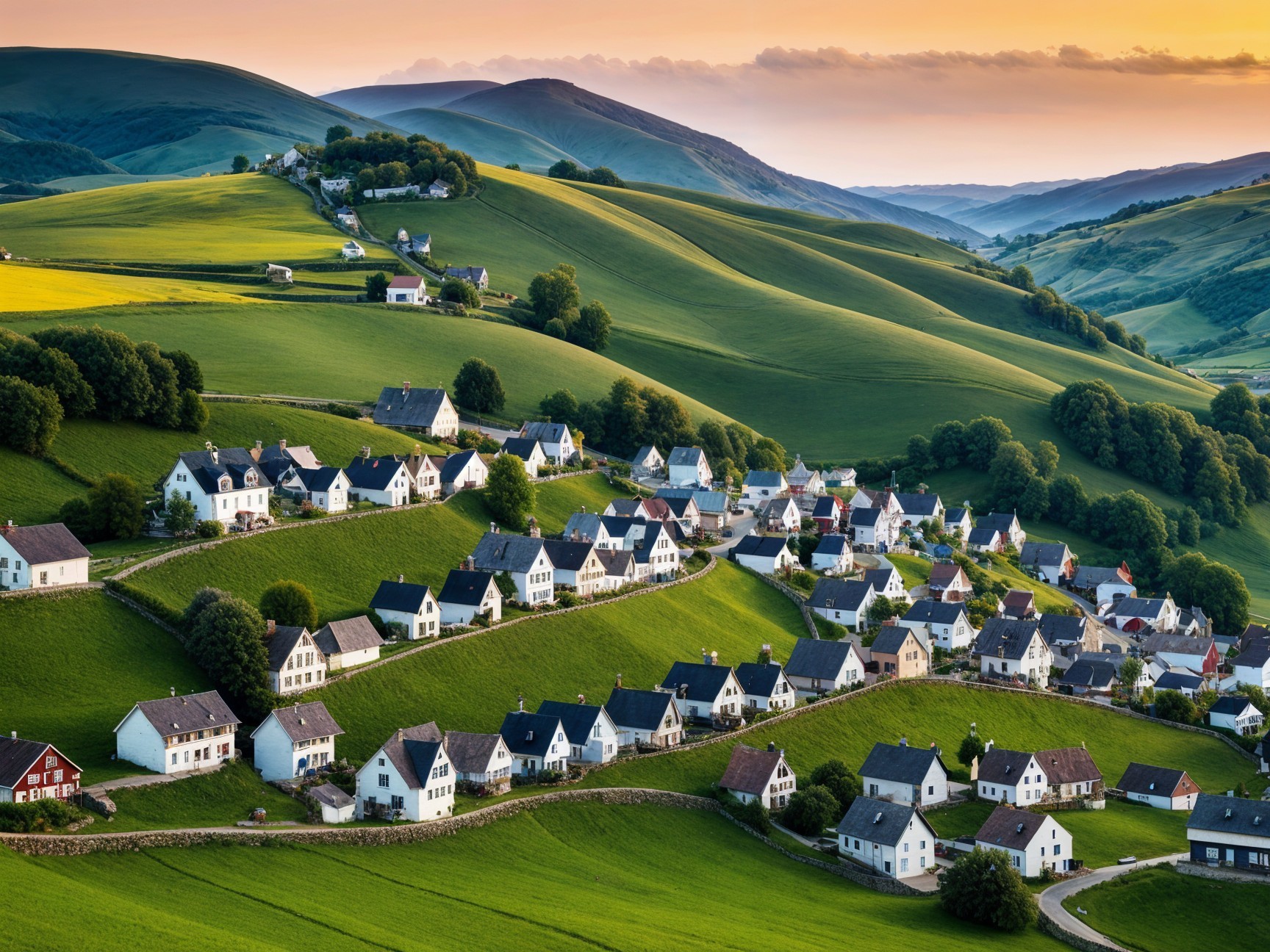Picturesque Village Landscape with Rolling Green Hills
