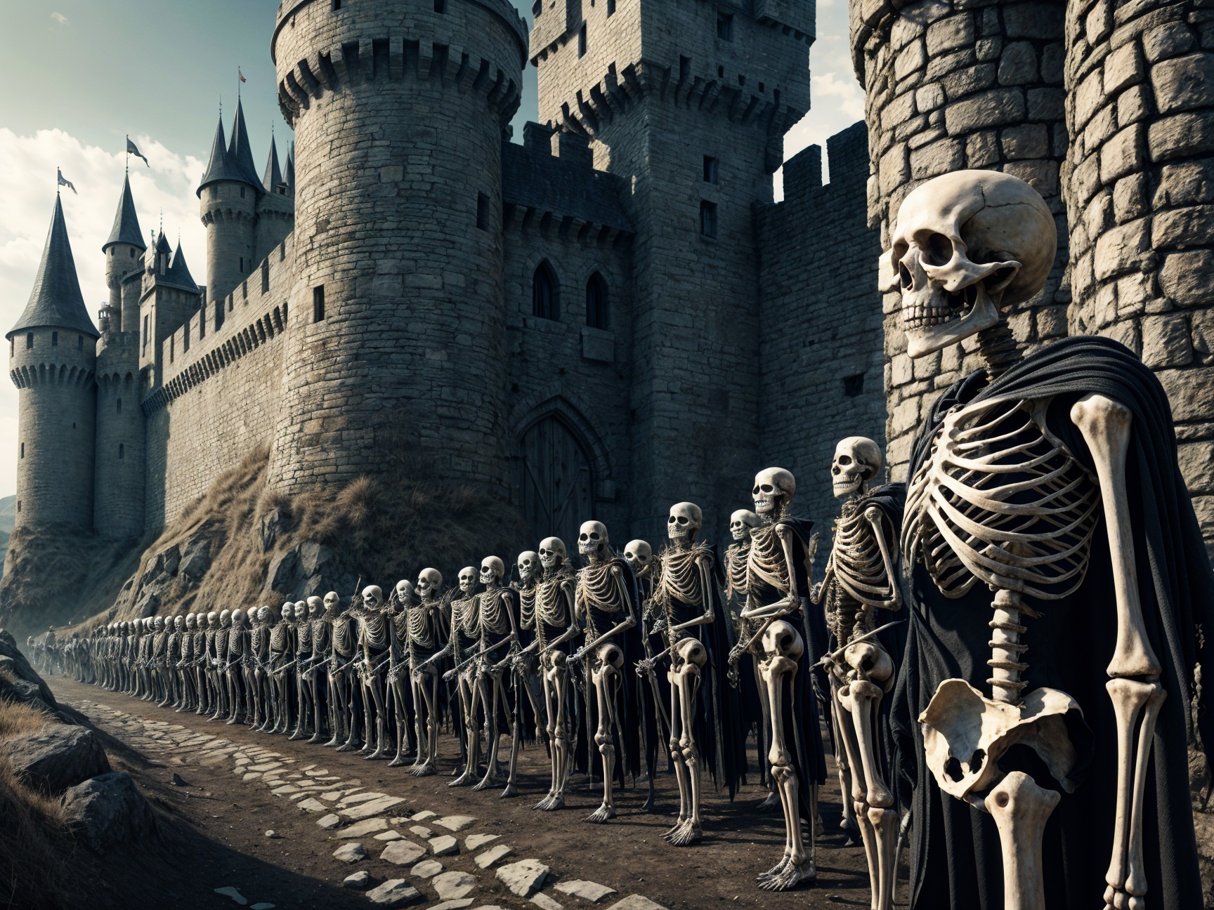 Skeleton Army in Formation by Medieval Castle