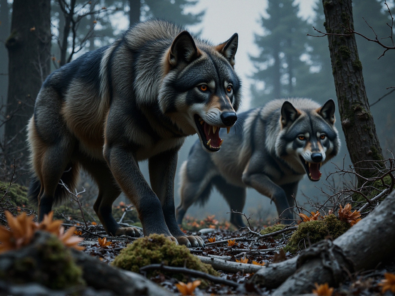 Wolves in a Misty Forest with Dominant Presence