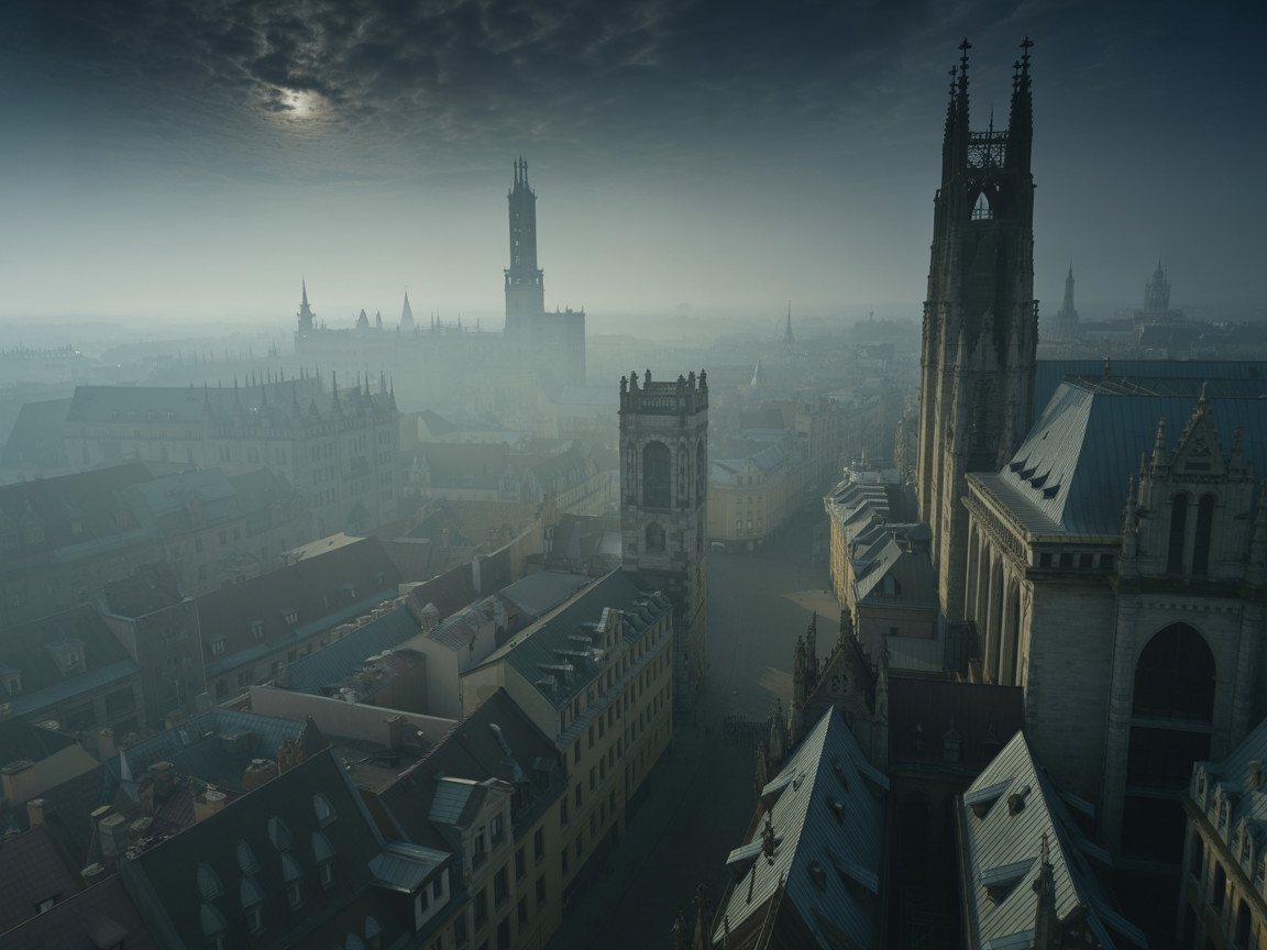 Mist-Covered Gothic Cityscape at Dawn